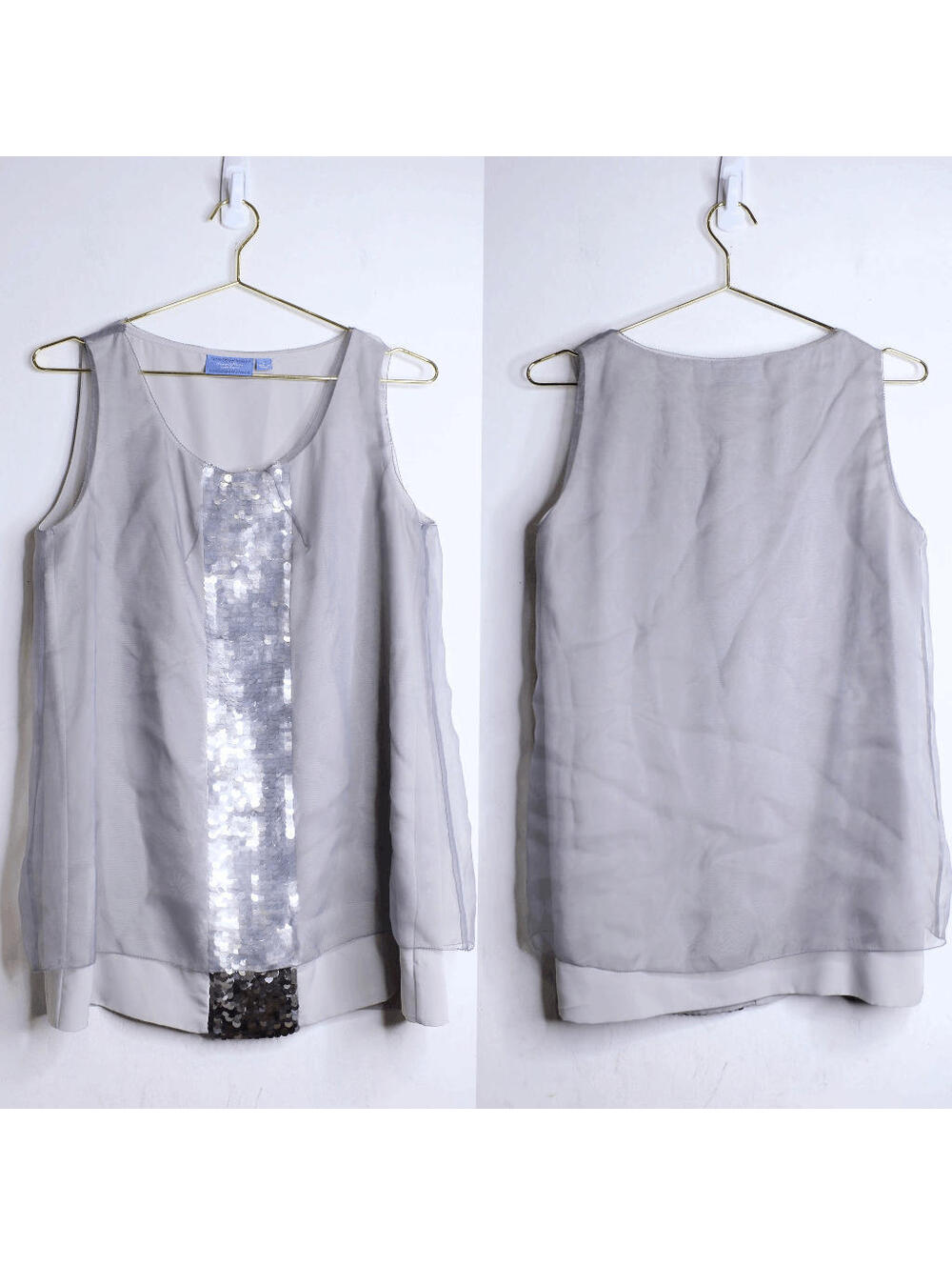 Vera Wang Gray Silver Sequin Sheer Formal Tank Blouse - M